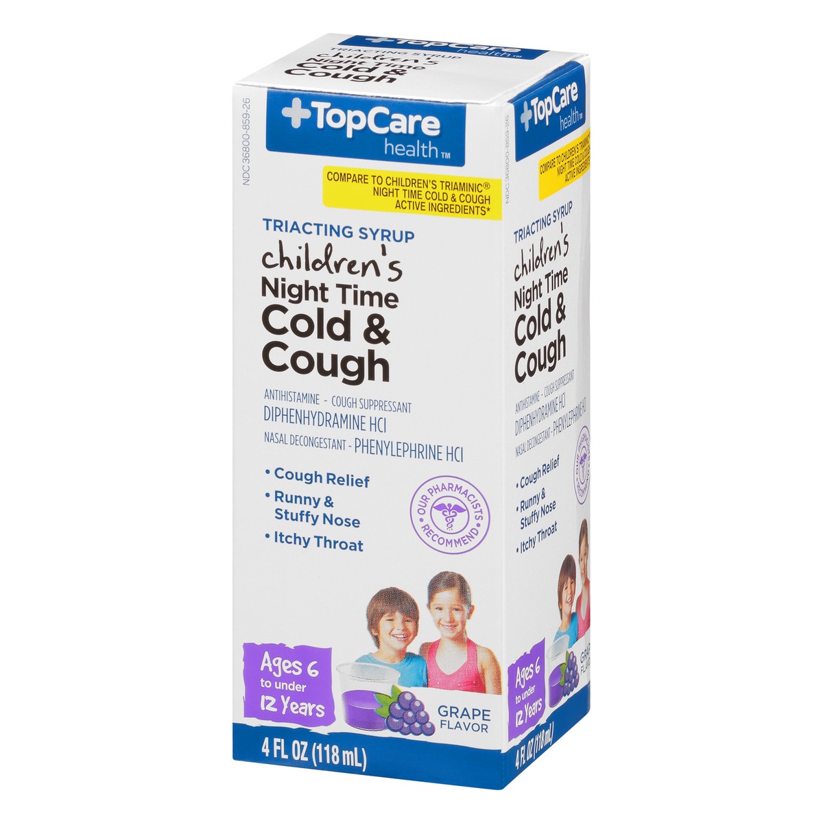 slide 3 of 9, Topcare Health Triacting Syrup Children's Night Time Grape Flavor Cold & Cough 4 oz Box, 4 oz