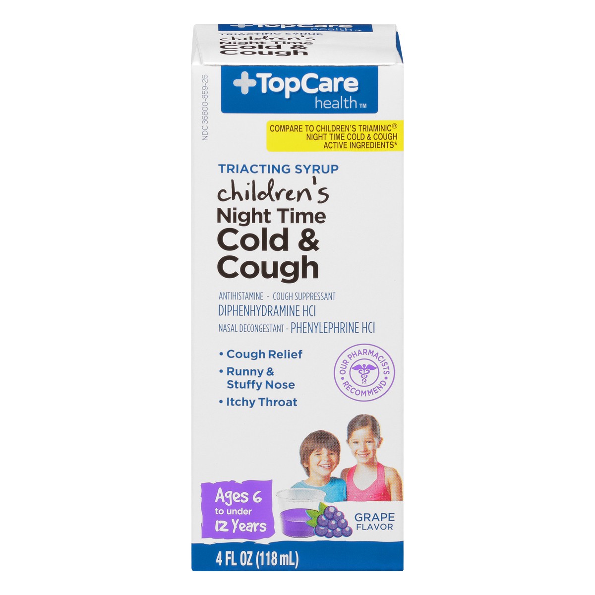 slide 1 of 9, Topcare Health Triacting Syrup Children's Night Time Grape Flavor Cold & Cough 4 oz Box, 4 oz