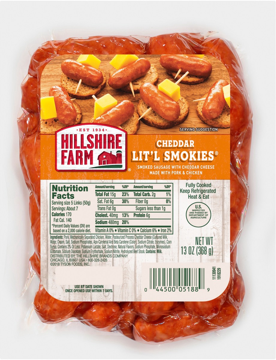 slide 4 of 6, Hillshire Farm Cheddar Lit'l Smokies Smoked Sausage, 13 oz., 13 oz