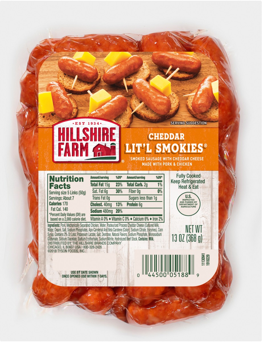 slide 2 of 6, Hillshire Farm Cheddar Lit'l Smokies Smoked Sausage, 13 oz., 368.54 g