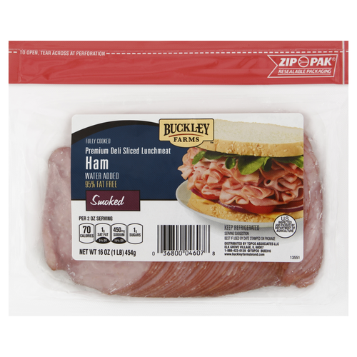 slide 1 of 1, Buckley Farms Smoked Fully Cooked Premium Deli Sliced Lunchmeat Ham, 16 oz