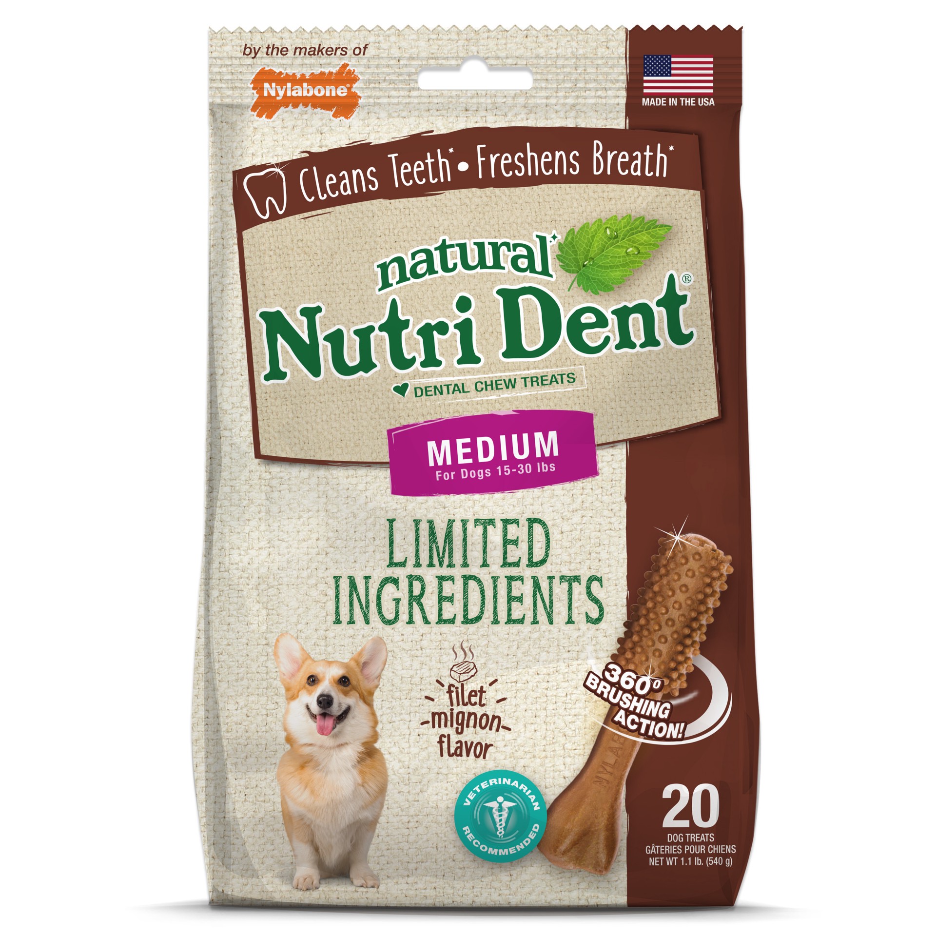 slide 1 of 10, Nylabone Nutri-Dent Filet Mignon Flavor Medium Dental Dog Treats, 20 ct