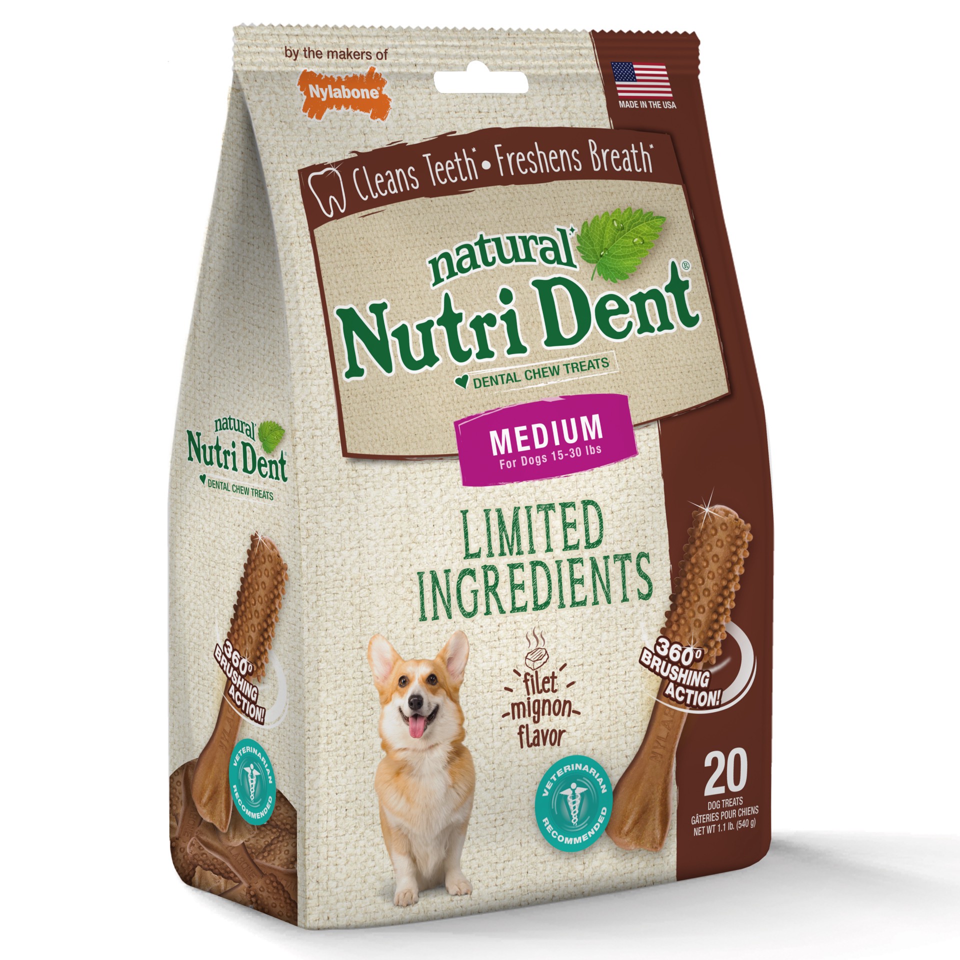 slide 6 of 10, Nylabone Nutri-Dent Filet Mignon Flavor Medium Dental Dog Treats, 20 ct