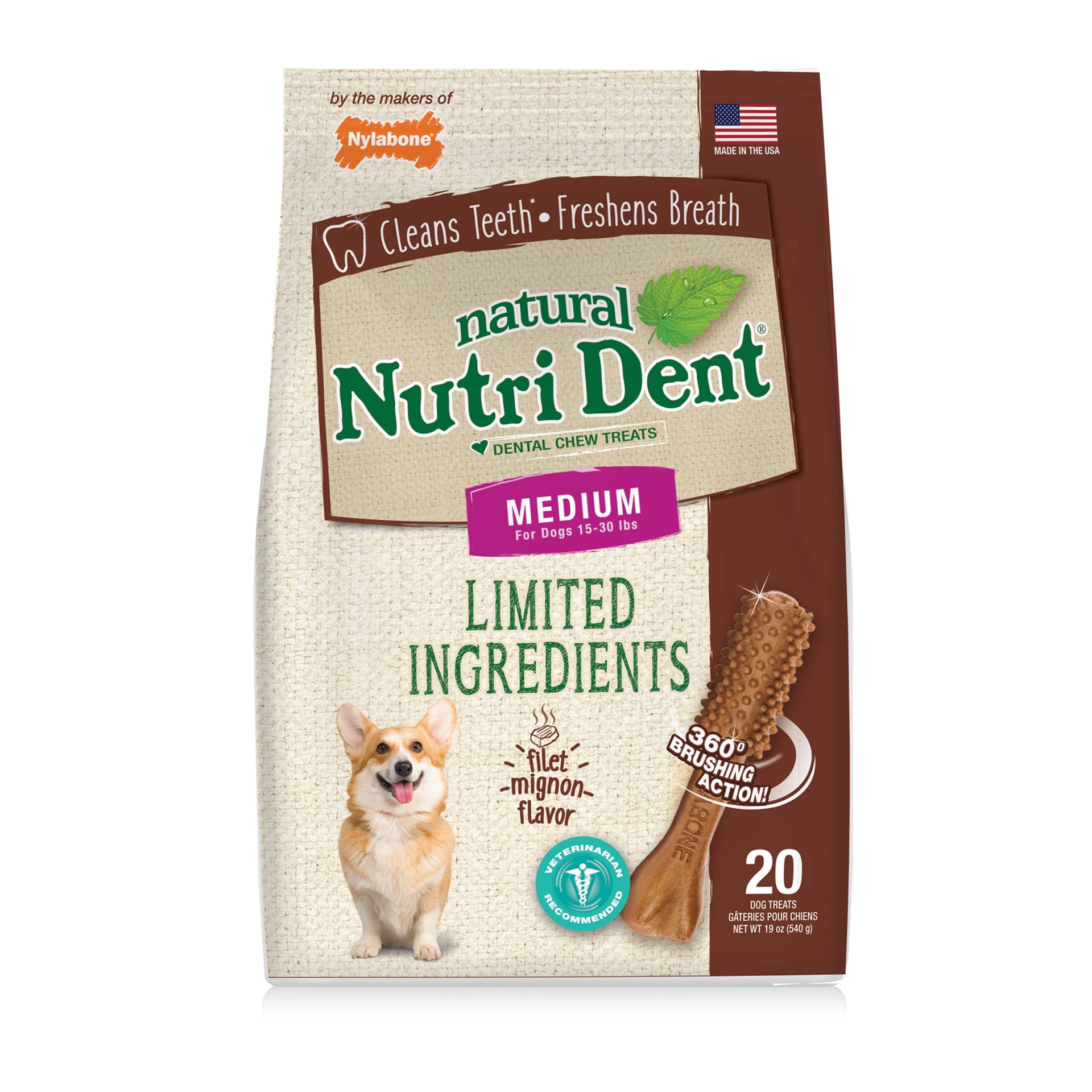 slide 1 of 10, Nylabone Nutri-Dent Filet Mignon Flavor Medium Dental Dog Treats, 20 ct