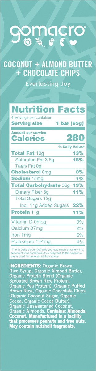 slide 4 of 7, GoMacro Coconut + Almond Butter + Chocolate Chips MacroBar 4ct Multipack, 9.2 oz