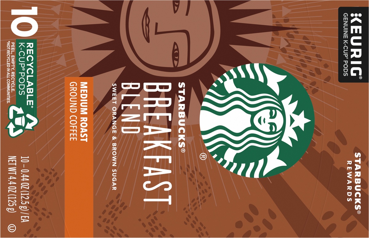 slide 2 of 10, Starbucks Medium Roast K-Cup Coffee Pods, Breakfast Blend for Keurig Brewers, 10 ct