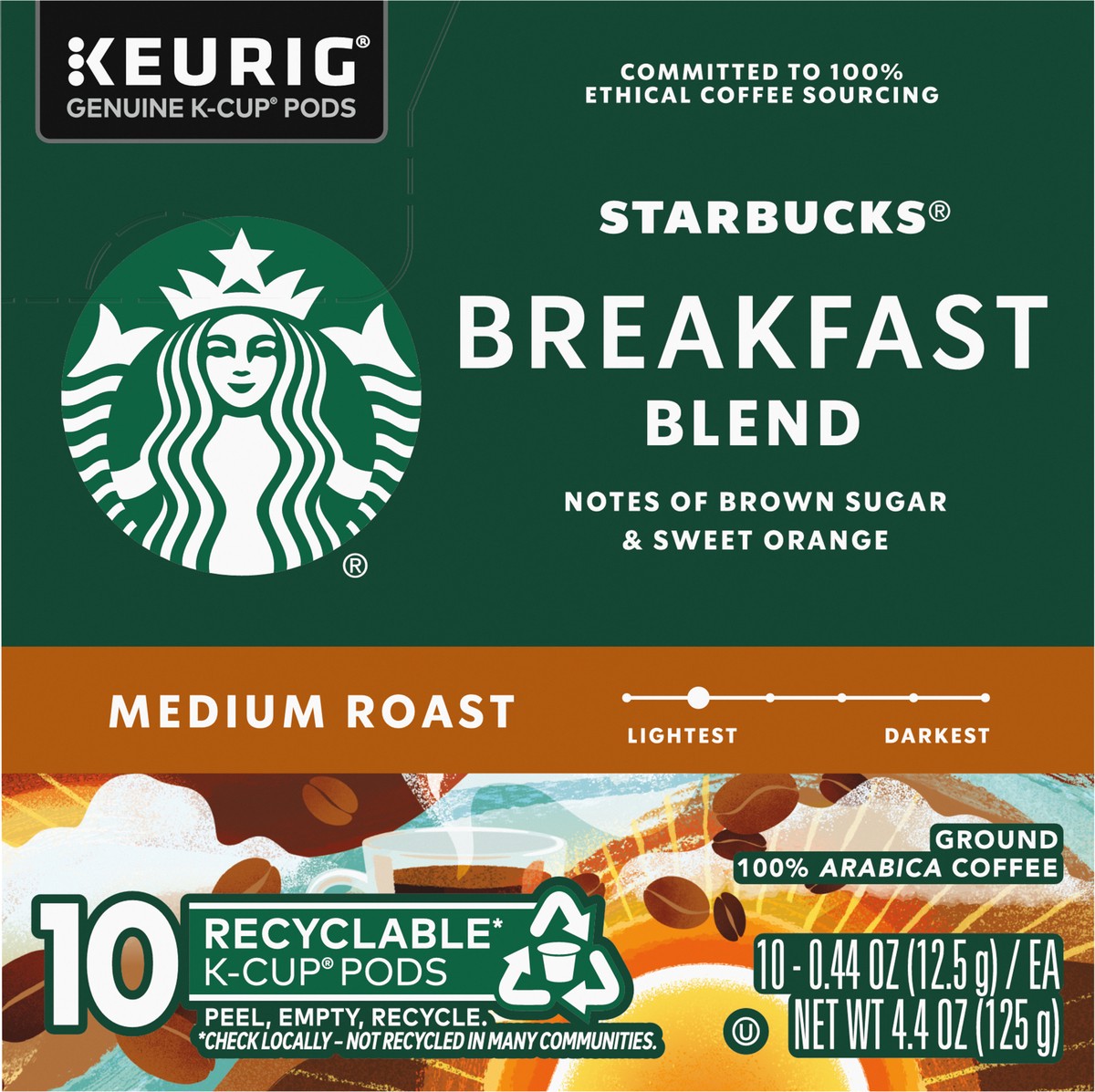 slide 4 of 9, Starbucks K-Cup Coffee Pods—Medium Roast Coffee—Breakfast Blend—100% Arabica—1 box (10 pods), 4.4 oz