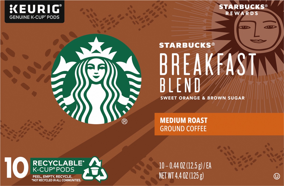 slide 5 of 10, Starbucks Medium Roast K-Cup Coffee Pods, Breakfast Blend for Keurig Brewers, 10 ct