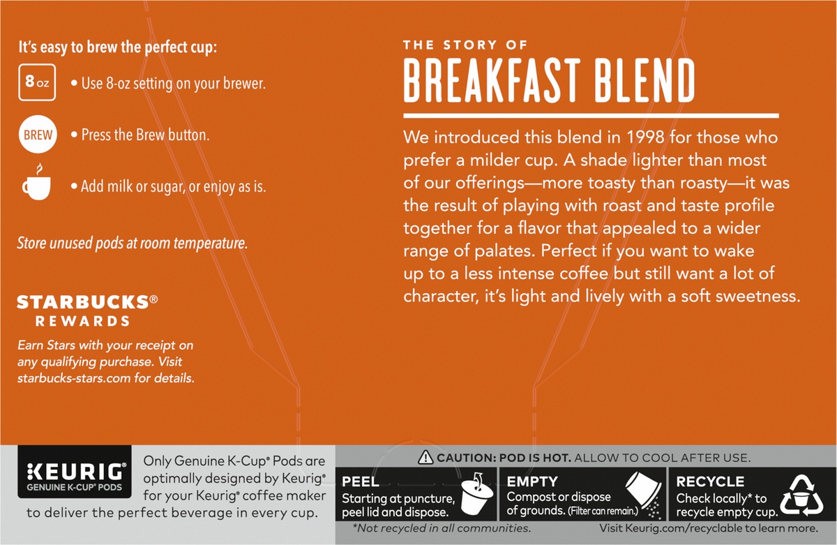 slide 6 of 10, Starbucks Medium Roast K-Cup Coffee Pods, Breakfast Blend for Keurig Brewers, 10 ct