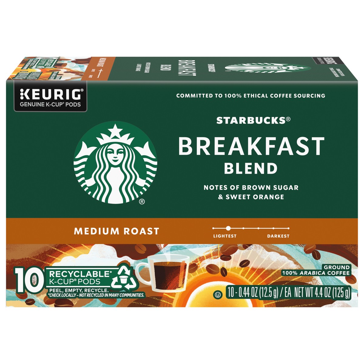 slide 1 of 9, Starbucks K-Cup Pods Medium Roast Ground 100% Arabica Breakfast Blend Coffee 10 - 0.44 oz Pods, 4.4 oz