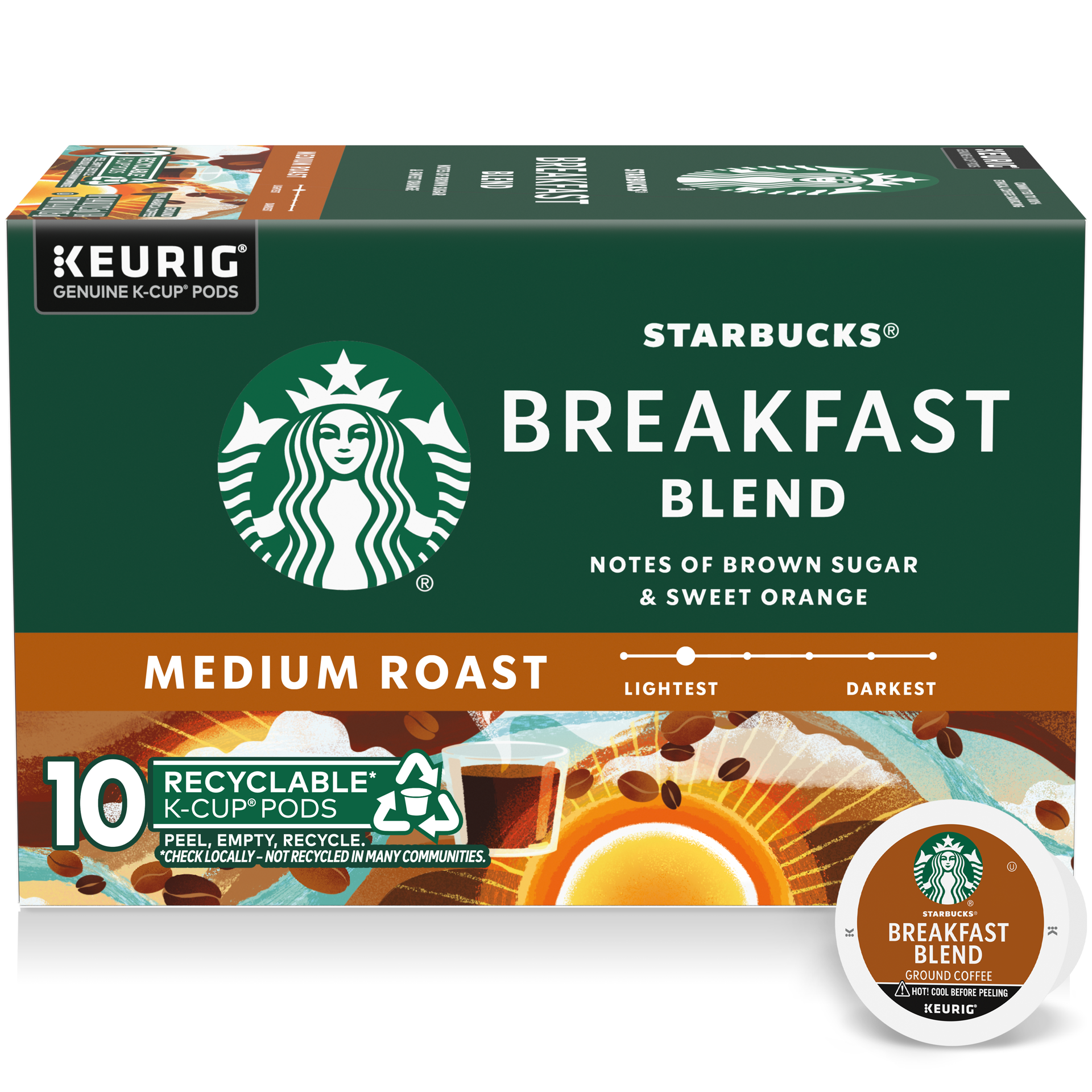 slide 1 of 9, Starbucks K-Cup Coffee Pods, Medium Roast Coffee, Breakfast Blend, 100% Arabica, 1 box (10 pods), 4.4 oz