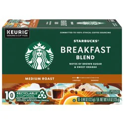 Starbucks K-Cup Pods Medium Roast Ground 100% Arabica Breakfast Blend Coffee 10 - 0.44 oz Pods