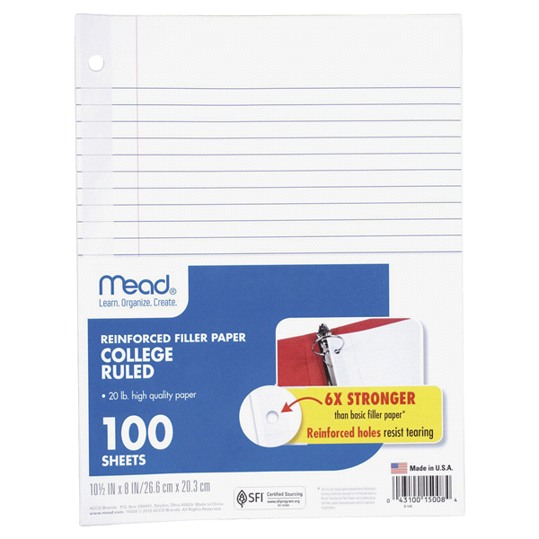 slide 1 of 1, Mead Reinforced Filler Paper:, CR, 100 ct