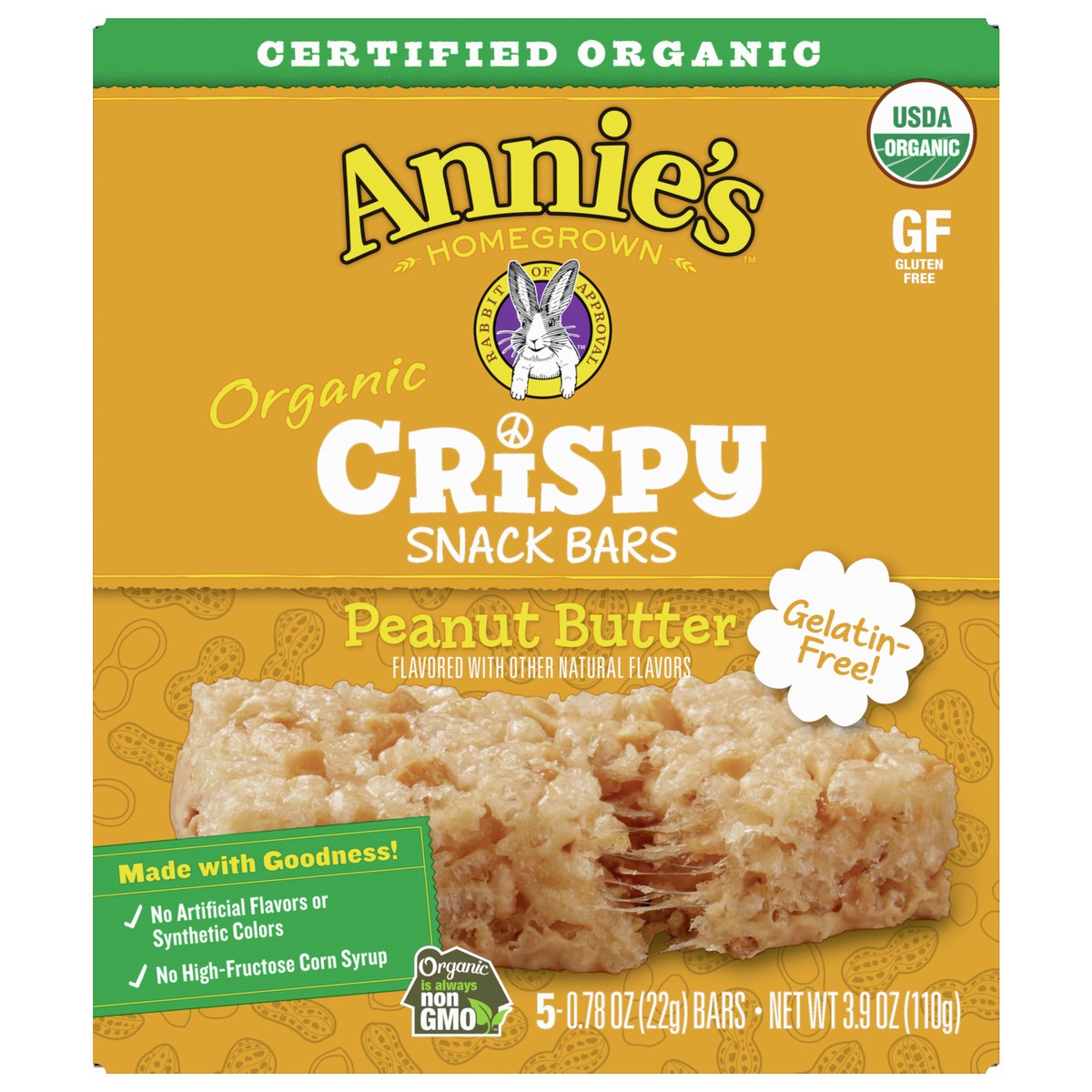 slide 1 of 11, Annie's Organic Crispy Snack Bars, Gluten Free, Peanut Butter, 3.9 oz, 5 ct, 5 ct