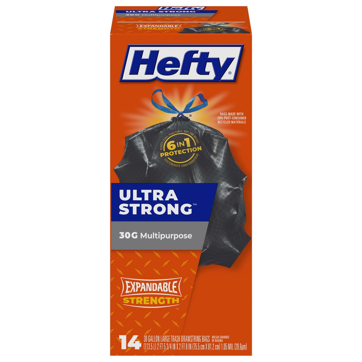 slide 1 of 9, Hefty Ultra Strong 30 Gallon Multipurpose Drawstring Trash Bags Large 14 ea, 14 ct