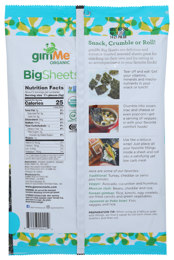 slide 7 of 7, gimMe Big Sheets Roasted Organic Sea Salt Seaweed 0.92 oz, 0.92 oz