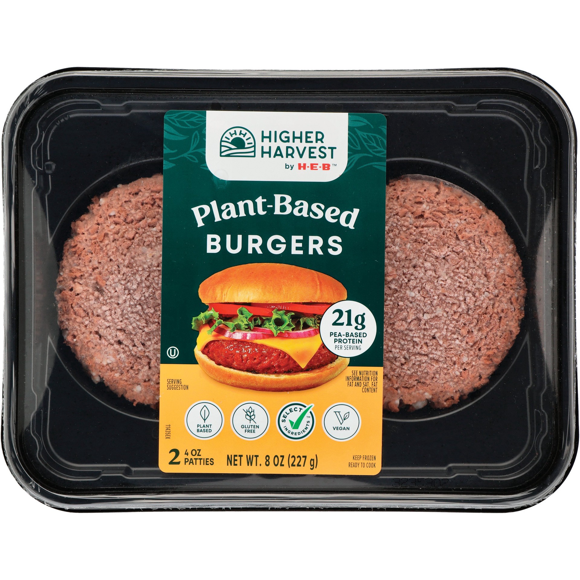 slide 1 of 1, Higher Harvest by H-E-B Frozen Plant-Based Burger Patties, 2 ct