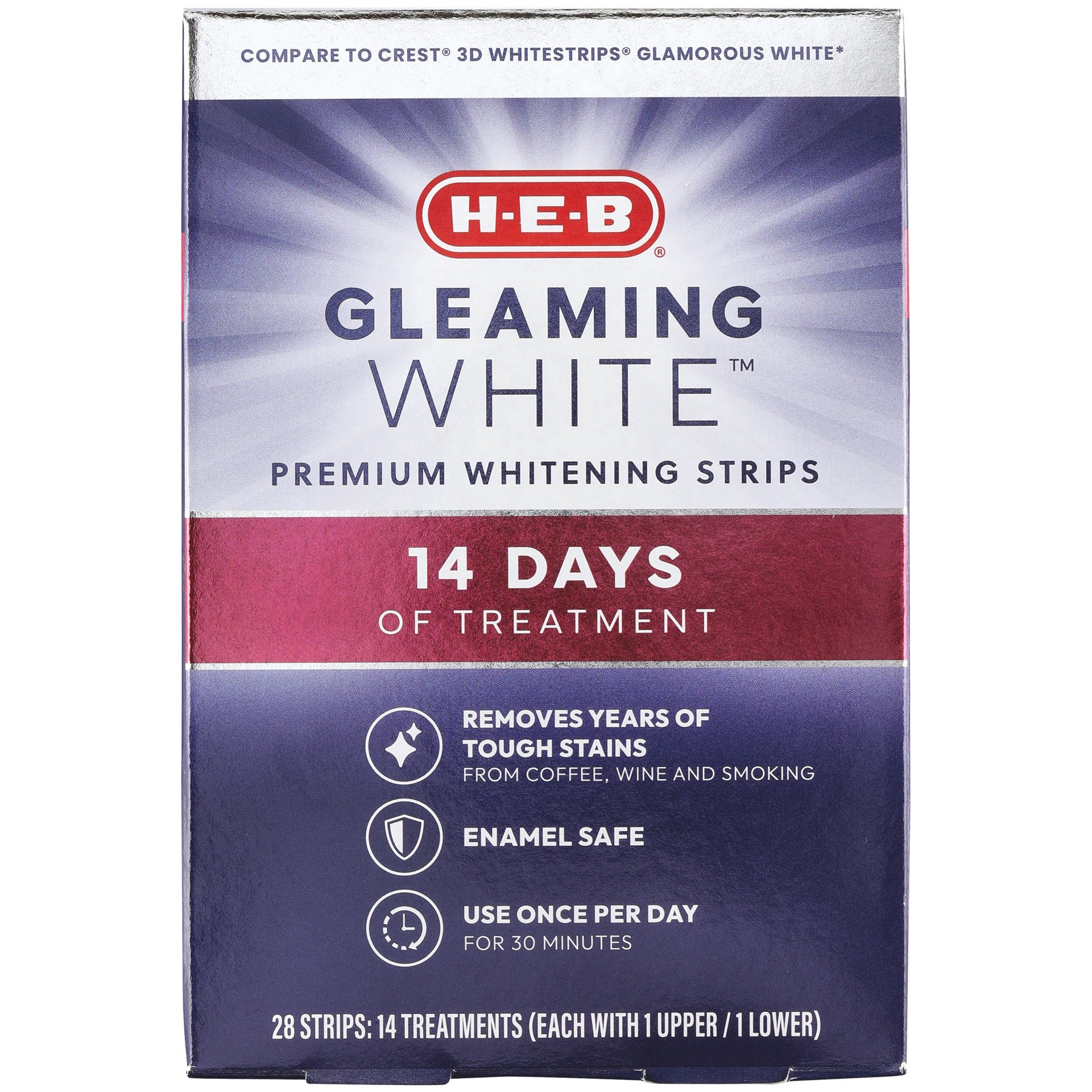 slide 1 of 1, H-E-B Gleaming White Premium Whitening Strips, 14 ct