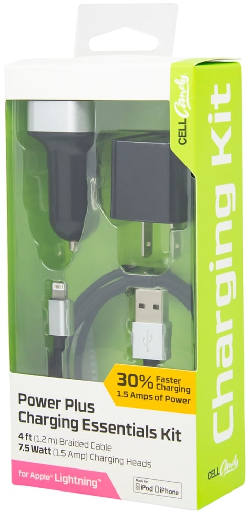 slide 1 of 1, Cellcandy Power Plus Lightning Cable Charging Essentials Kit - Black/Gray, 3 ct