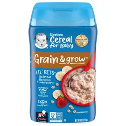 Gerber 3rd Foods Cereal for Baby Grain & Grow Lil' Bits Baby Cereal, Banana Strawberry Oatmeal, 8oz Canister