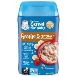 Gerber 3rd Foods Cereal for Baby Grain & Grow Lil' Bits Baby Cereal, Banana Strawberry Oatmeal, 8oz Canister