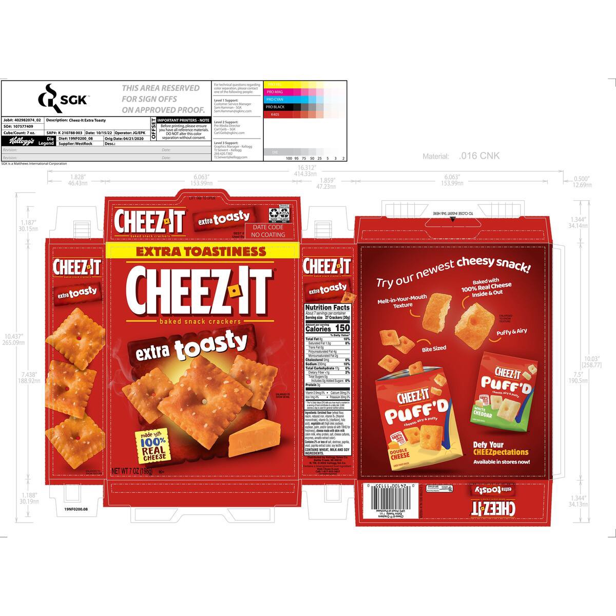 slide 13 of 14, Cheez-It Cheese Crackers, Baked Snack Crackers, Office and Kids Snacks, Extra Toasty, 7oz Box, 1 Box, 7 oz