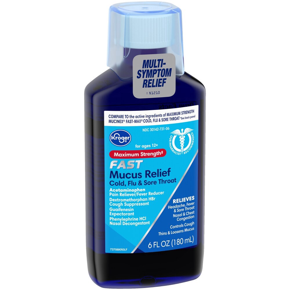 slide 3 of 4, Kroger Maximum Strength Fast Cold Flu & Sore Throat Mucus Relief, 6 fl oz