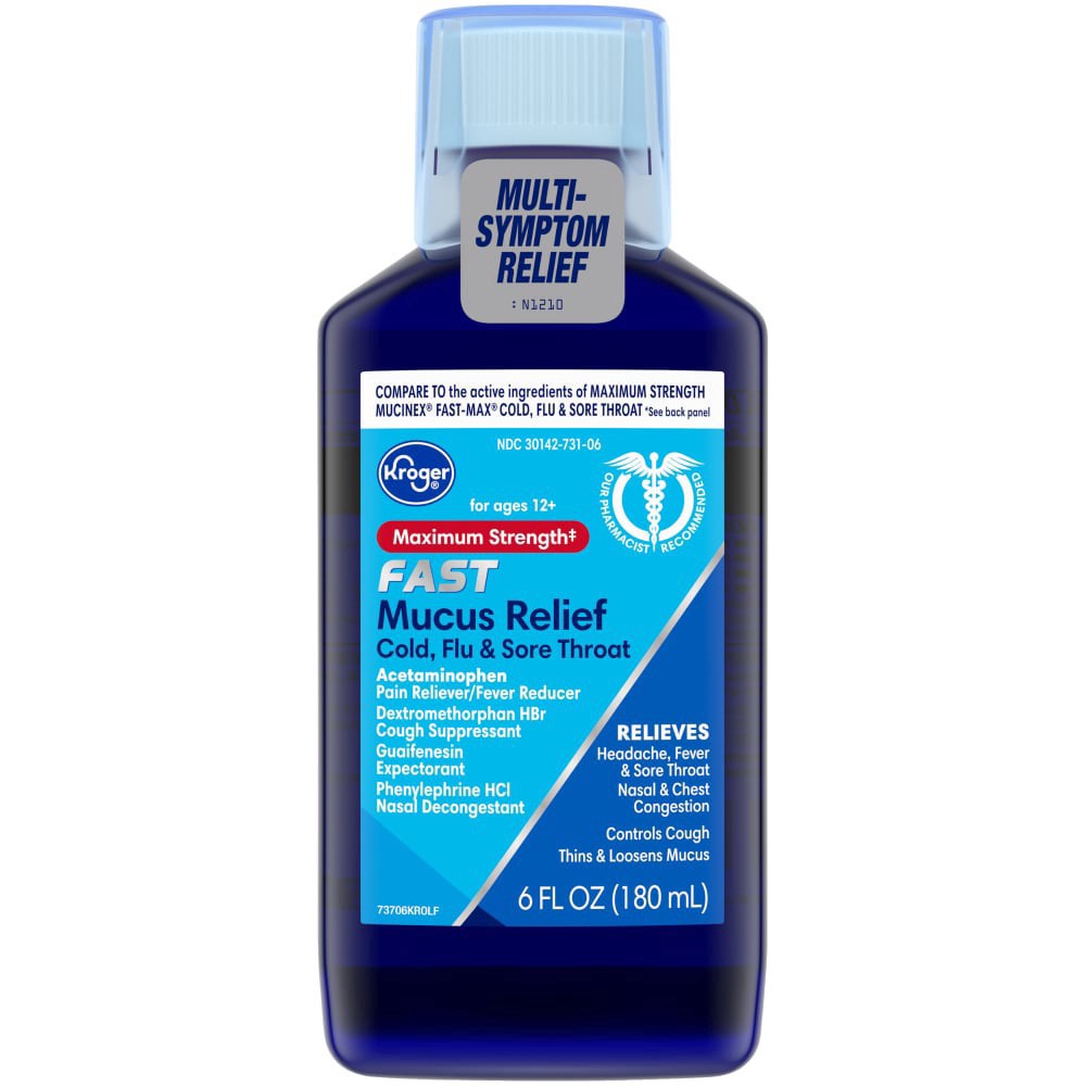 slide 2 of 4, Kroger Maximum Strength Fast Cold Flu & Sore Throat Mucus Relief, 6 fl oz