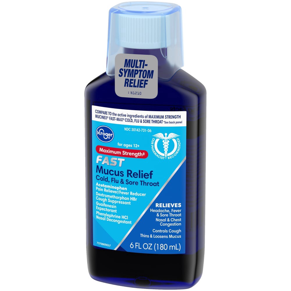 slide 4 of 4, Kroger Maximum Strength Fast Cold Flu & Sore Throat Mucus Relief, 6 fl oz