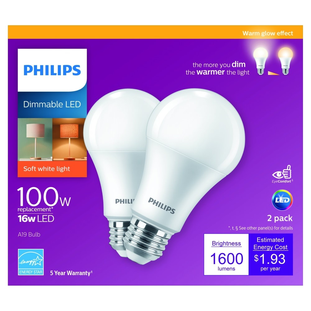 slide 1 of 1, Philips 16Watt100Watt A19 Led Light Bulbs Soft White, 2 ct