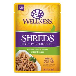 Wellness Healthly Indulgence Shreds Adult Wet Cat Food, Natural, Protein-Rich, Grain Free, 3 Ounce Pouch, (Chicken & Turkey)