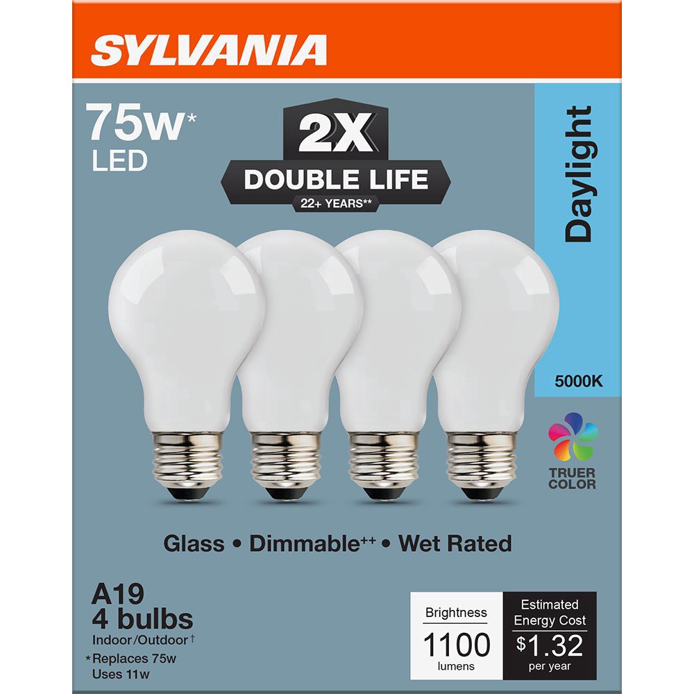 slide 1 of 1, SYLVANIA A19 75 Watt LED Daylight Double Life Bulb, 4 ct