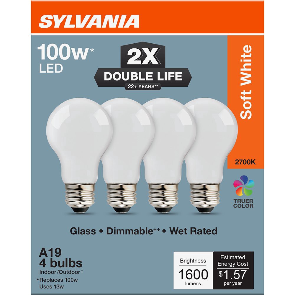 slide 1 of 1, SYLVANIA A19 100 Watt LED Soft WhiteDouble Life Bulb, 4 ct