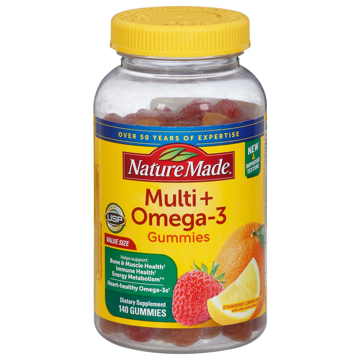 slide 1 of 8, Nature Made Multivitamin + Omega-3, Dietary Supplement for Daily Nutritional Support, 140 Gummy Vitamins and Minerals, 70 Day Supply, 140 ct