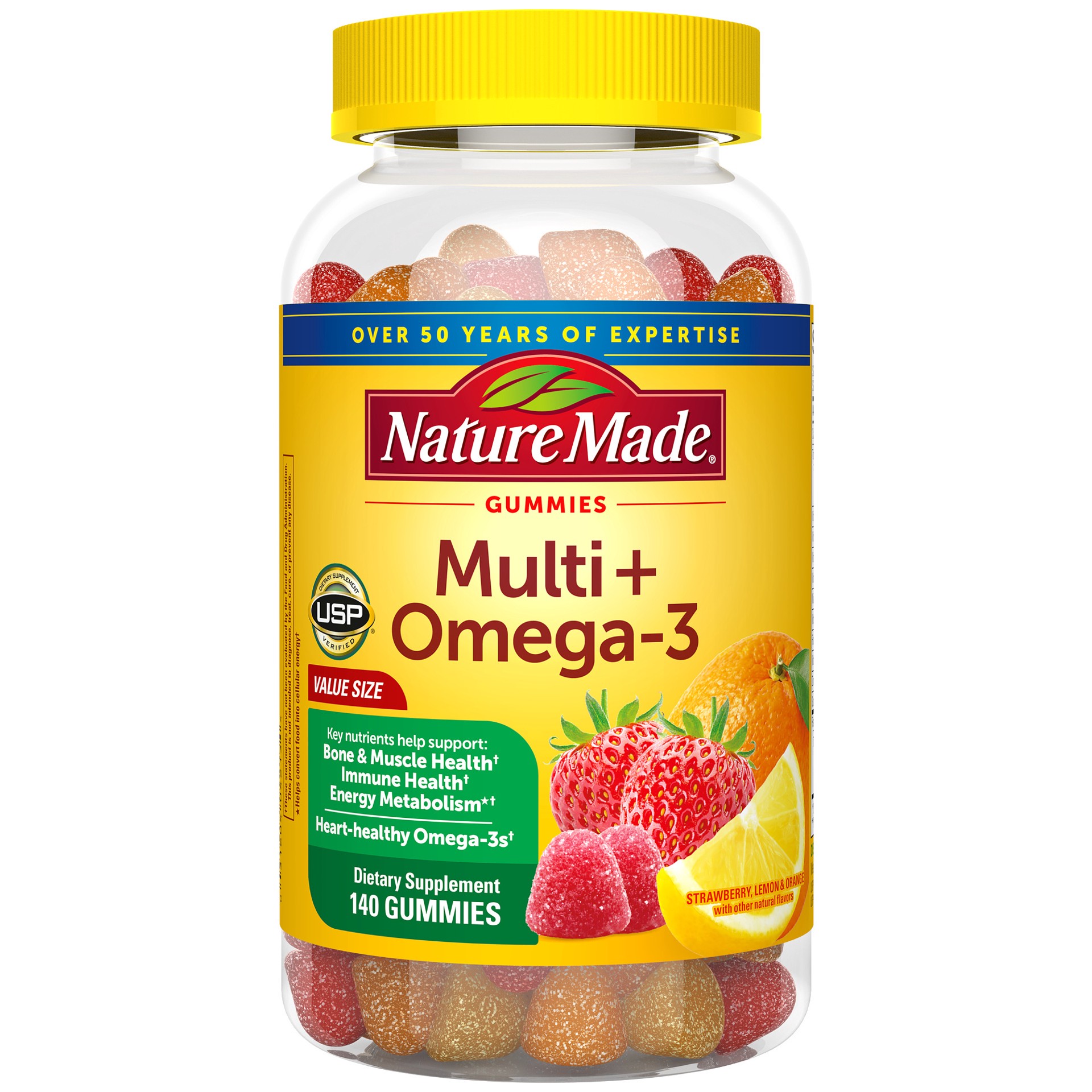 slide 1 of 8, Nature Made Multivitamin + Omega-3, Dietary Supplement for Daily Nutritional Support, 140 Gummy Vitamins and Minerals, 70 Day Supply, 140 ct