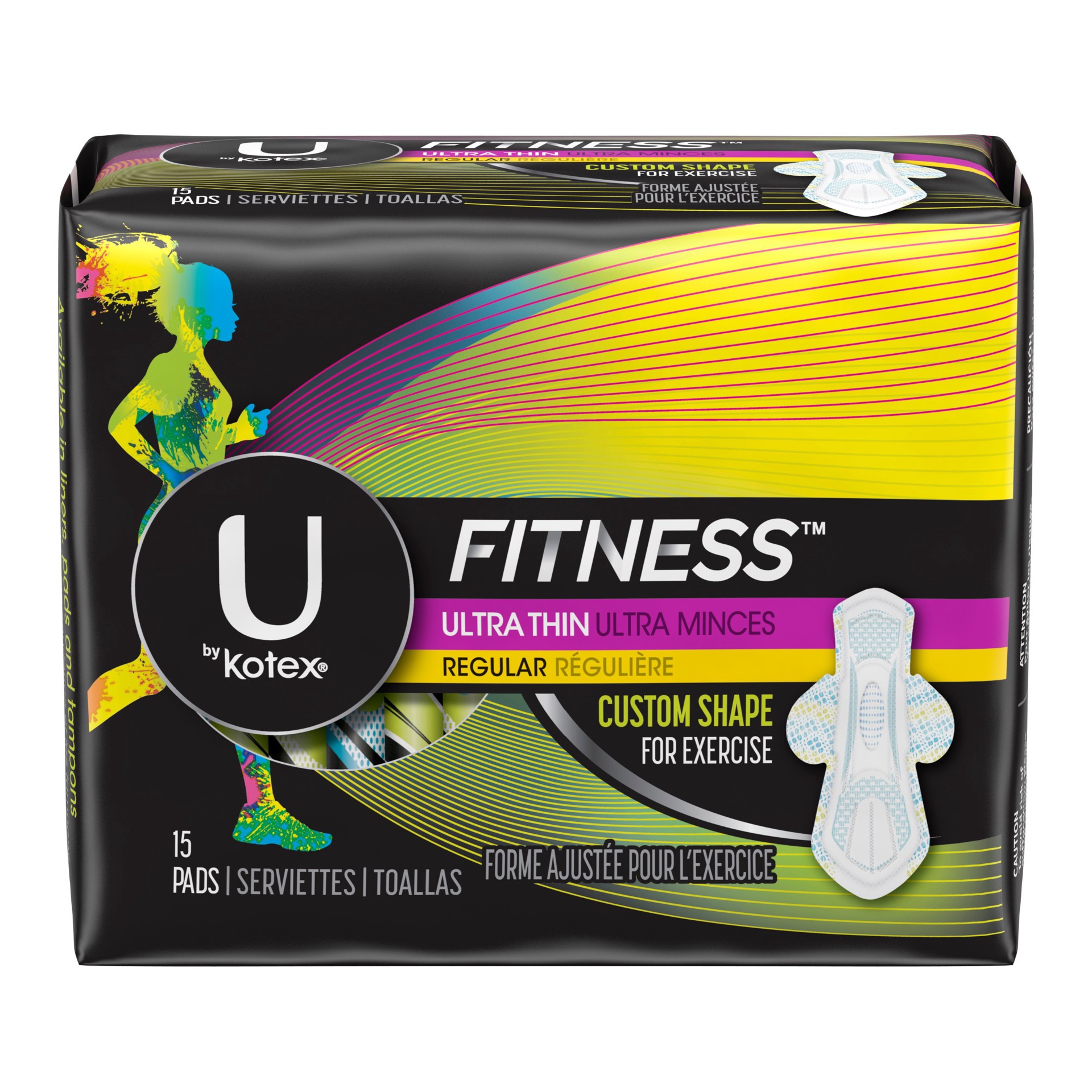 slide 1 of 1, U by Kotex Fitness Ultra Thin Pads with Wings, Regular Absorbency, Fragrance-Free, 15 ct