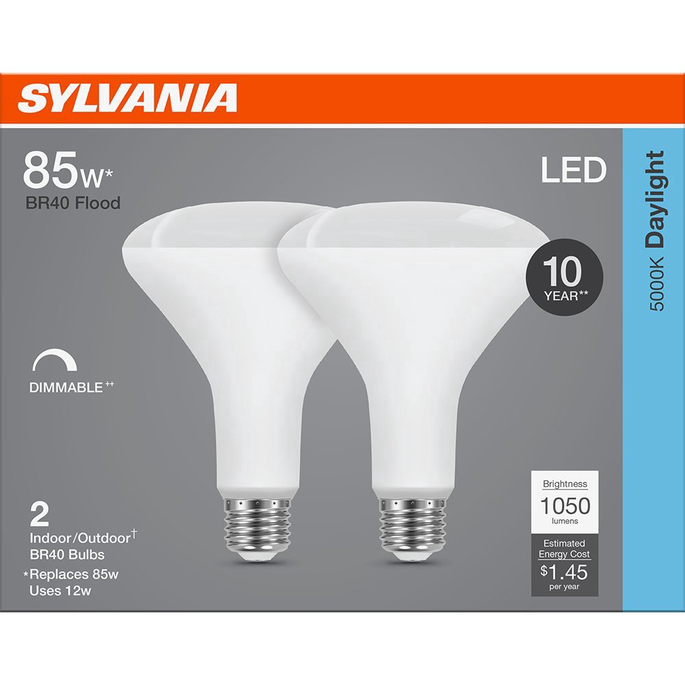 slide 1 of 1, SYLVANIA BR40 85 Watt LED Daylight Dimmable Bulb, 2 ct