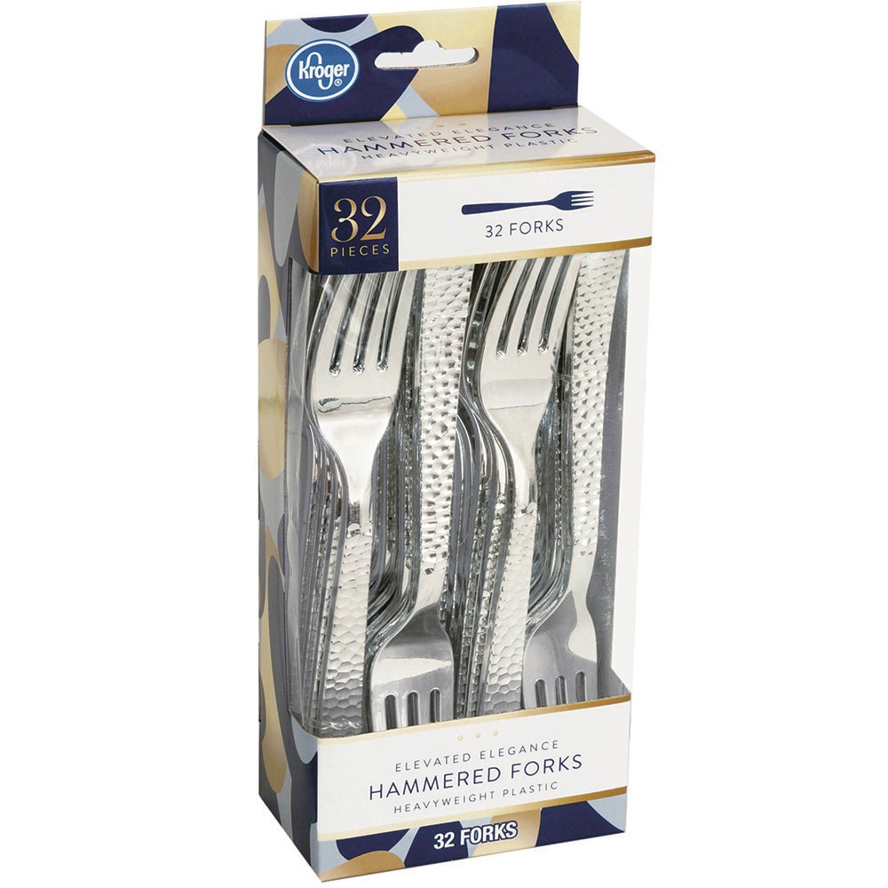 slide 1 of 1, Kroger Elevated Elegance Heavyweight Plastic Hammered Forks - Silver, 32 ct