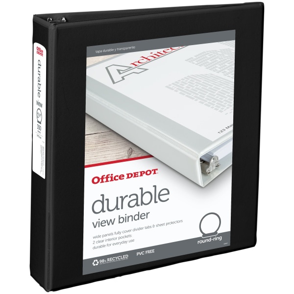 slide 1 of 5, Office Depot Brand Durable View Round-Ring Binder, 1 1/2'' Rings, 61% Recycled, Black, 1 ct