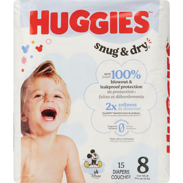 slide 1 of 1, Huggies Snug & Dry Baby Diapers, Size 8 (46+ lbs), 15 Ct, 15 ct