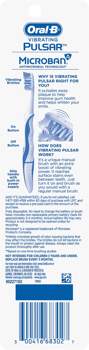 slide 3 of 3, Oral-B Vibrating Pulsar Battery Toothbrush with Microban, Medium, 2 Count, 2 ct