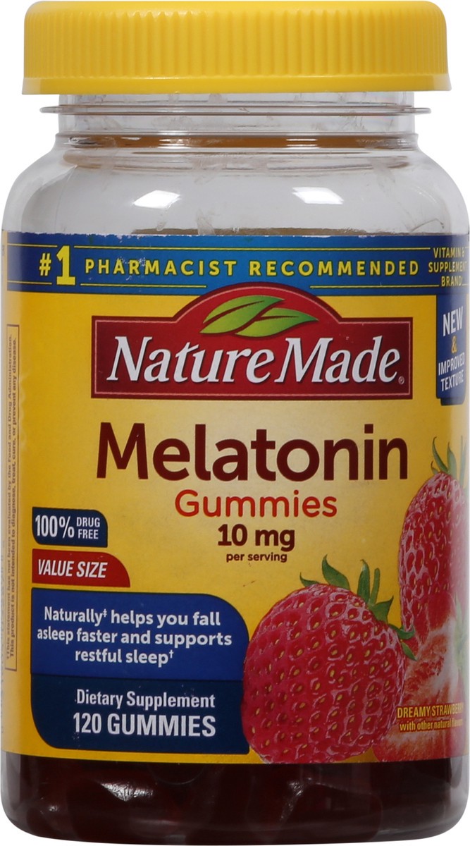 slide 5 of 9, Nature Made Melatonin 10mg per serving Gummies, Maximum Strength Dosage, 100% Drug Free Sleep Aid for Adults, 120 Melatonin Gummies, 60 Day Supply, 120 ct