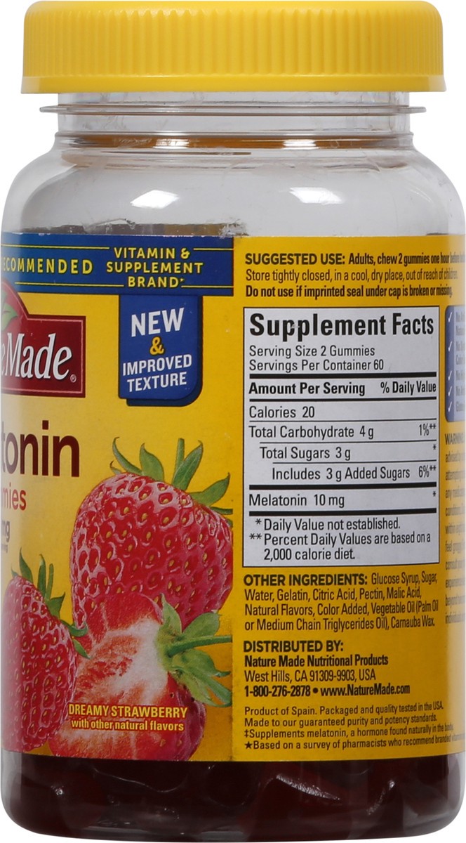 slide 8 of 9, Nature Made Melatonin 10mg per serving Gummies, Maximum Strength Dosage, 100% Drug Free Sleep Aid for Adults, 120 Melatonin Gummies, 60 Day Supply, 120 ct