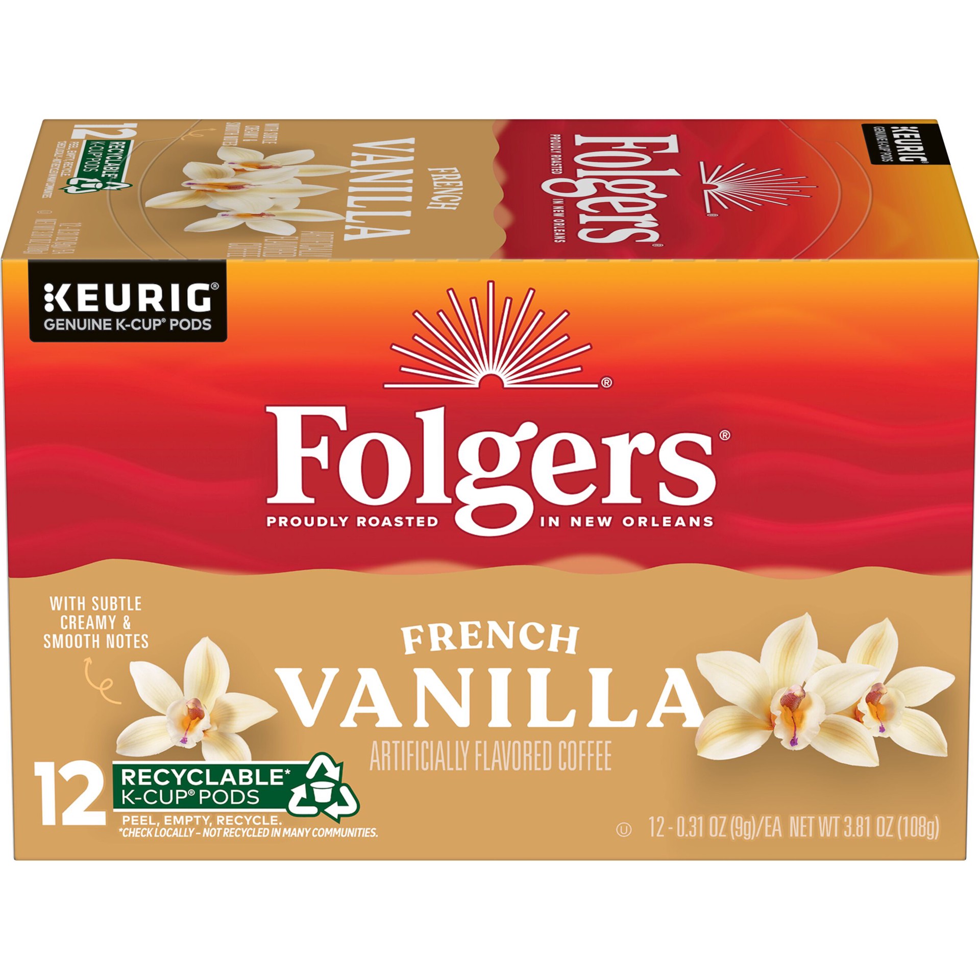 slide 1 of 8, Folgers French Vanilla Artificially Flavored Coffee, 12 K-Cup Pods, 12 ct