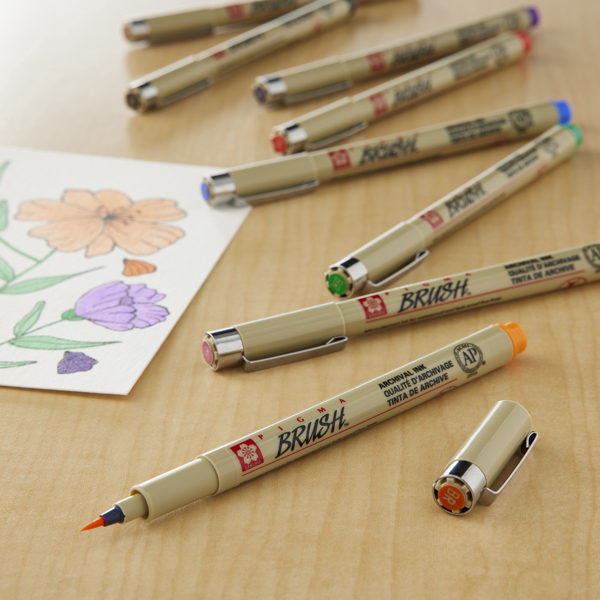 slide 3 of 3, Sakura Pigma Brush Pen 8 Color Set, includes 8 pens