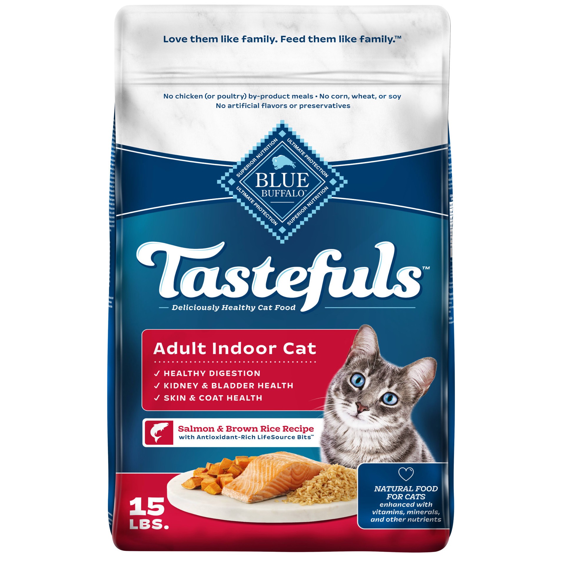 slide 1 of 6, Blue Buffalo Tastefuls Indoor Natural Adult Dry Cat Food, Salmon 15lb bag, 15 lb