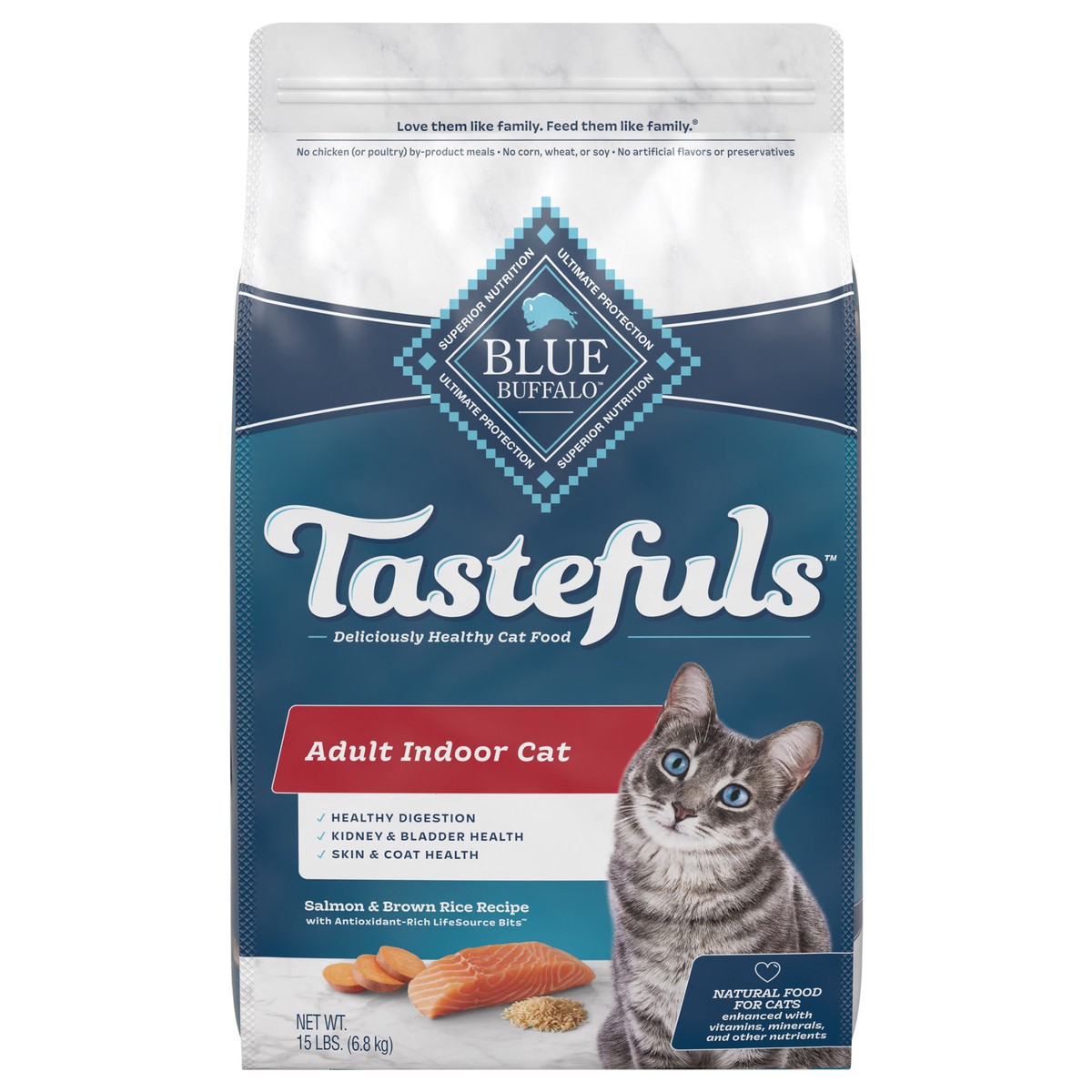 slide 1 of 6, Blue Buffalo Tastefuls Indoor Natural Adult Dry Cat Food, Salmon 15lb bag, 15 lb