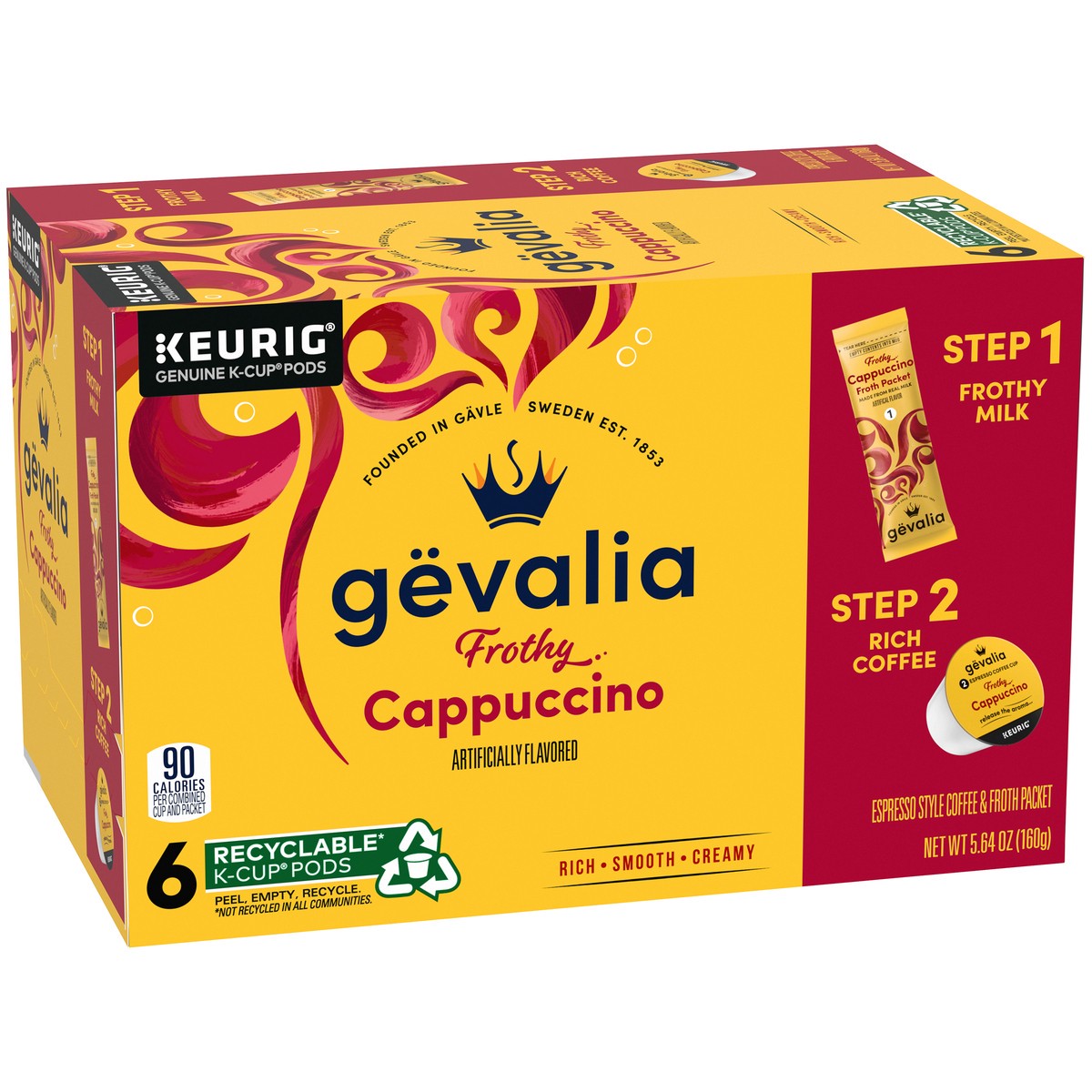 slide 3 of 9, Gevalia Frothy 2-Step Artificially Flavored Cappuccino Espresso Style K‐Cup Coffee Pods & Froth Packets Kit, 6 ct. Box, 6 ct