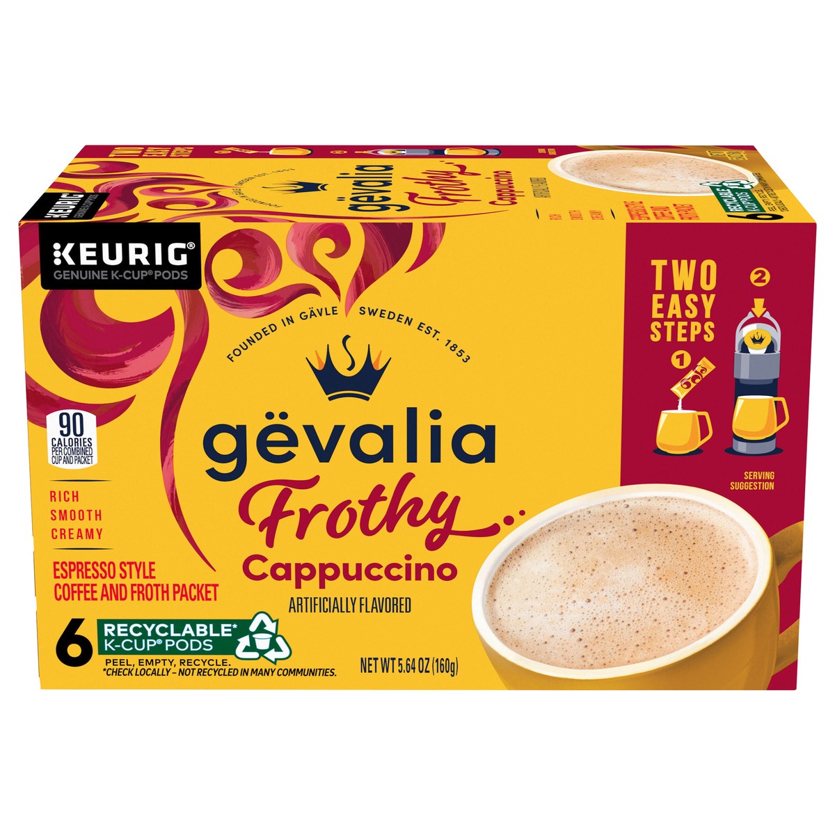 slide 1 of 9, Gevalia Frothy 2-Step Artificially Flavored Cappuccino Espresso Style K-Cup Coffee Pods & Froth Packets Kit, 6 ct. Box, 6 ct