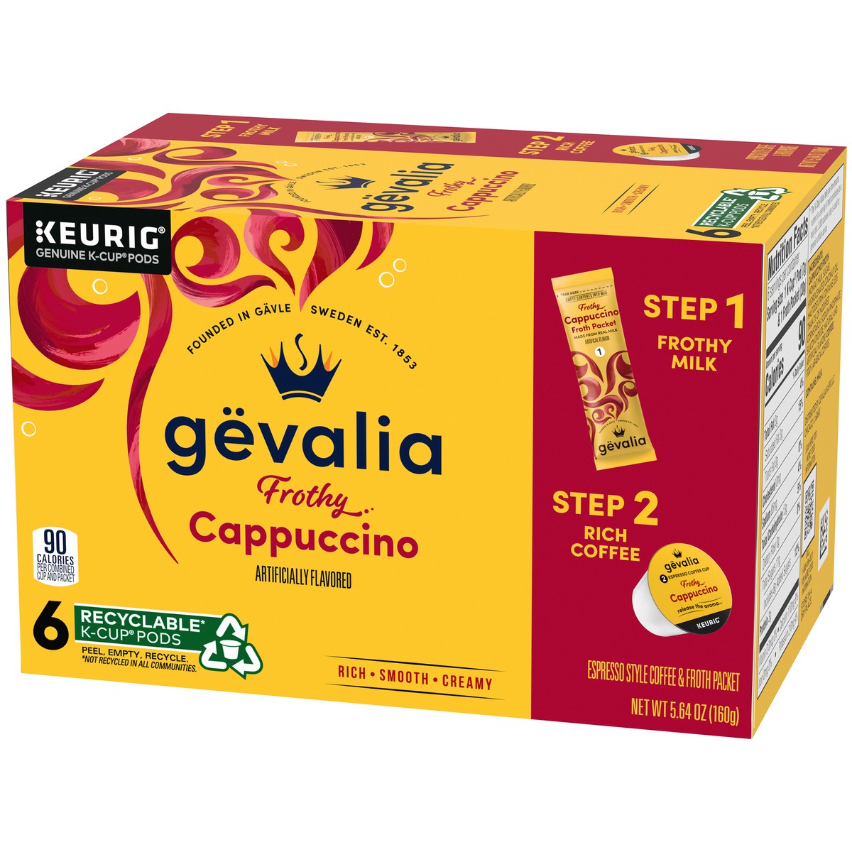 slide 6 of 9, Gevalia Frothy 2-Step Artificially Flavored Cappuccino Espresso Style K‐Cup Coffee Pods & Froth Packets Kit, 6 ct. Box, 6 ct